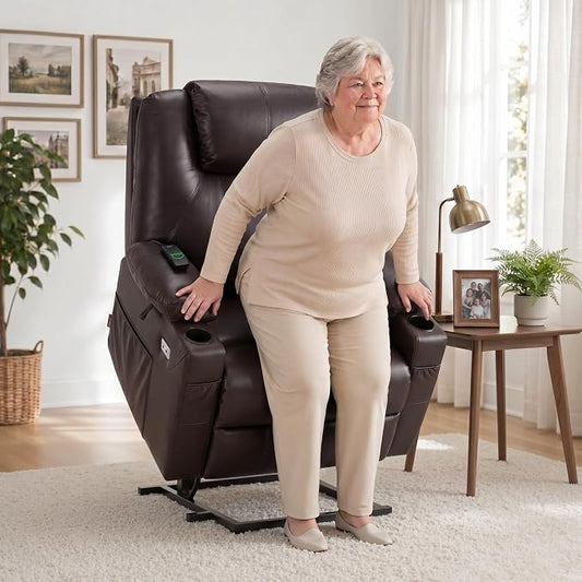 MCombo Power Lift Recliner Chair for Elderly R7042(Dark Brown, Small-Wide) | Heat and Massage, Breathable Faux Leather, USB& Type C Charging Port, FSC Certified