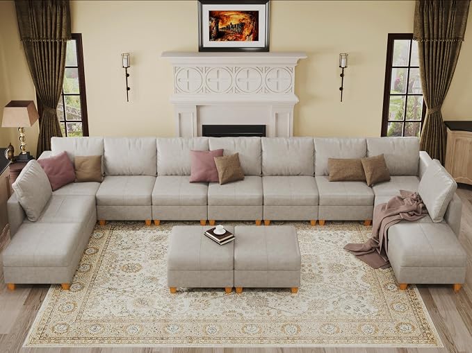 EASE MOOSE Faux Leather Modular Couch Sectional Sofa with Storage Ottomans, Oversized U Shaped Couch, Whitesand