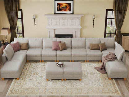 EASE MOOSE Faux Leather Modular Couch Sectional Sofa with Storage Ottomans, Oversized U Shaped Couch, Whitesand