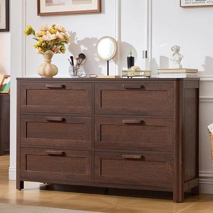 Joaxswe Farmhouse 6 Drawer Dresser for Bedroom, Horizontal Dressers with 6 Deep Drawers & 4 Thickened Table Legs & Round Table Corner, Walnut