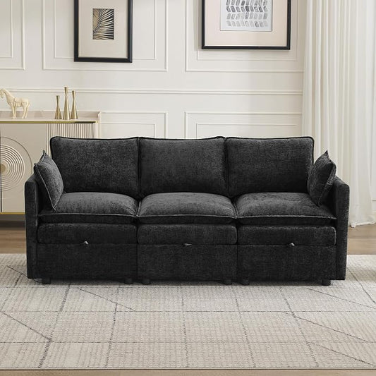 80" Cloud 3 Seater Sectional Modular Couch with Storage, Upholstered Storage Sofa Modern Couch Deep Seat, Chenille Convertible Sofa Comfy Couches with Armrests for Living Room, Small Space, Black