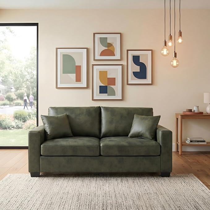 Ball & Cast 69" Loveseat Sofa, Modern Love Seat Couches for Living Room, Upholstered 2 Seater Small Couch with 2 Throw Pillows for Bedroom,Apartment,Office,Easy Assembly,Olive Green