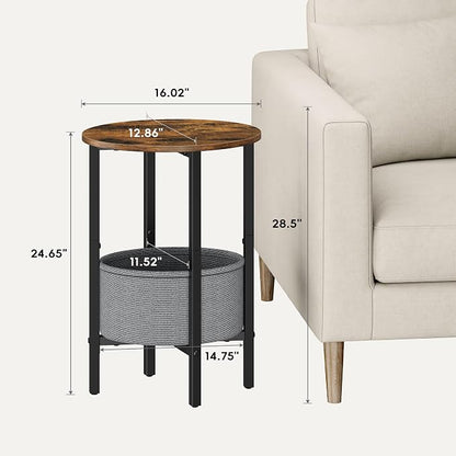 Vagusicc Round Side Table End Table with Storage Basket, Small Side Table Round Nightstand for Small Spaces, Tall Oval End Table with Steel Frame, Coffee Bedside Table for Living Room, Rustic Brown