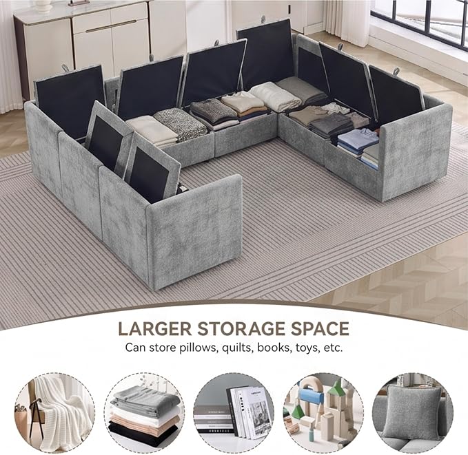 105" Light Grey Oversized Modular Storage Sofa, U Shaped Chenille Couch | Oversized Convertible Sectional Sofa, 8-Seat Sectional Couch With Armrests, Large Cloud Couch For Living Room, Apartment.