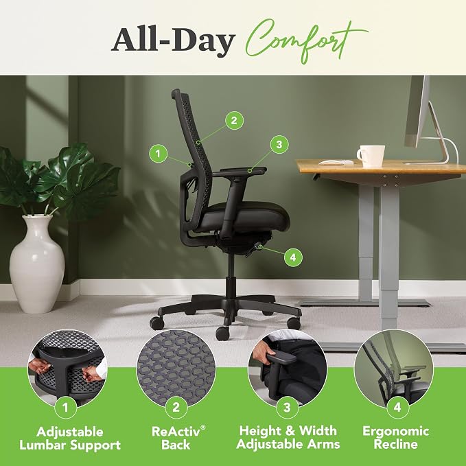 HON Ignition 2.0 ReActiv Ergonomic Office Chair, Mesh Desk Chair with Lumbar Support, Advanced Synchro‑Tilt, Height and Width Adjustable Arms, Swivel Wheels, Black Frame, Blue