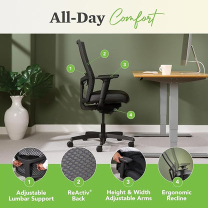 HON Ignition 2.0 ReActiv Ergonomic Office Chair, Mesh Desk Chair with Lumbar Support, Advanced Synchro‑Tilt, Height and Width Adjustable Arms, Swivel Wheels, Black Frame, Blue