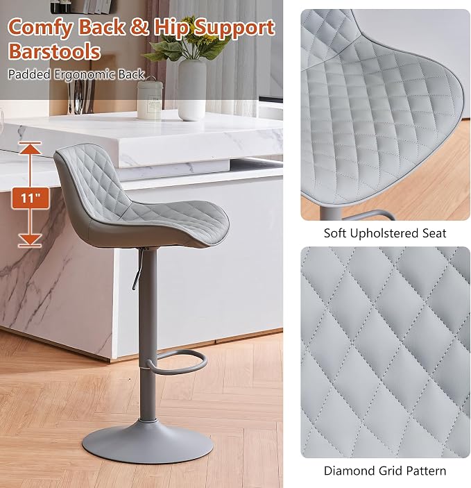 YOUTASTE All Grey Bar Stools Set of 2, Upholstered Counter Height Bar Stool, Adjustable Swivel Faux Leather Barstools, with Padded Back, Metal Base, Kitchen Chairs for Home Island