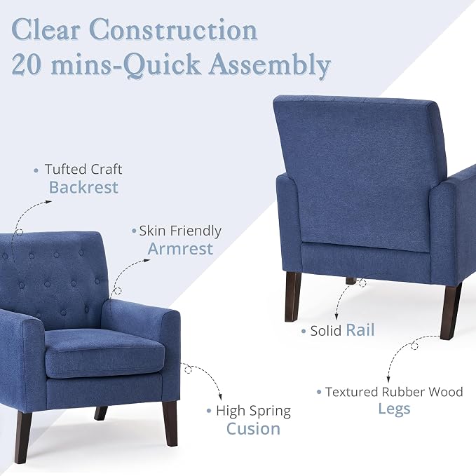 LUE BONA Navy Blue Linen Accent Chairs Set of 2 18.5" H, Button Tufted Arm Chairs, Comfy Living Room Chair with Arms, Upholstered Modern Armchair for Living Room, Bedroom