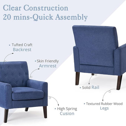 LUE BONA Navy Blue Linen Accent Chairs Set of 2 18.5" H, Button Tufted Arm Chairs, Comfy Living Room Chair with Arms, Upholstered Modern Armchair for Living Room, Bedroom