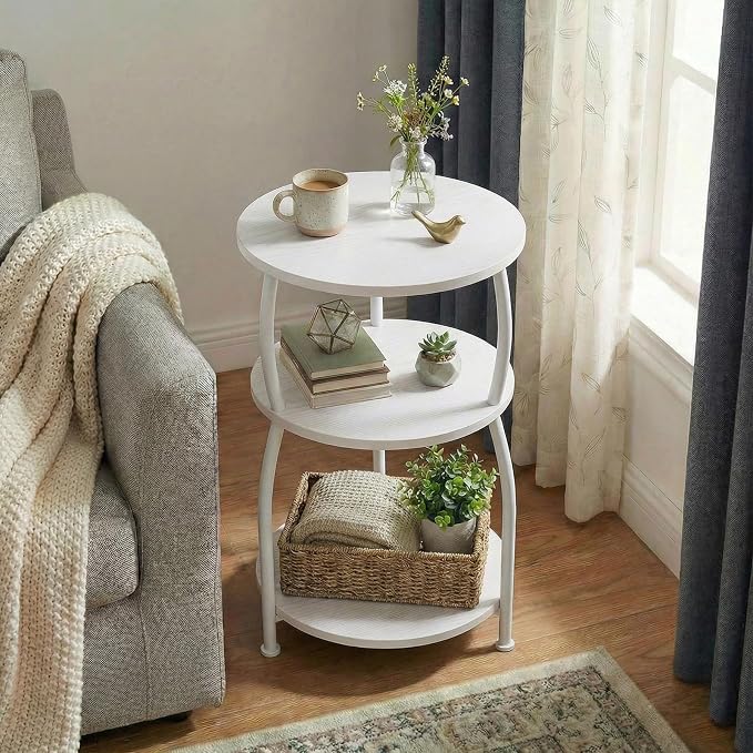 Round Side Table, 3-Tier End Table with Storage Shelf, 15.7" Wide Nightstand for Small Spaces, Tall Sofa Table Capable of Holding Laptops & Lamps, Bedside Table for Bedroom & Living Room, White