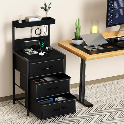 SZLHANJZ LED Nightstand with Charging Station, Night Stand with 3 Drawers and Lights, Storage Side Table with Shelf and Hooks, Tall End Table for Bedside, Bedroom, Modern Black