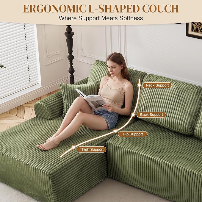 110" L Shaped Boneless Sectional Couches for Living Room, Comfy Corduroy Floor Cloud Sofa with Chaise, Wide Armrest, Deep Seat, Memory Foam, Assembly Free, Ideal for Small Spaces, Green