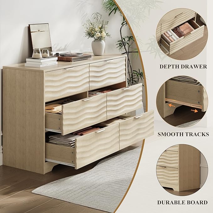 MALOL Coastline Fluted 6 Drawers Dresser for Bedroom, 48" Wide Modern Chest of TV Stand Organizers with Metal Handle, Storage Wooden Dresser Drawer for Living Room, Hallway, Closet, Natural Wood