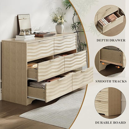 MALOL Coastline Fluted 6 Drawers Dresser for Bedroom, 48" Wide Modern Chest of TV Stand Organizers with Metal Handle, Storage Wooden Dresser Drawer for Living Room, Hallway, Closet, Natural Wood