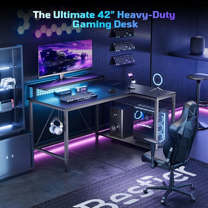 Bestier Gaming Desk with Power Outlets, 42" L-Shaped Computer Desk with LED Lights, Desk with Reversible Storage Shelves & Hooks for Small Spaces, Bedrooms & Offices, Black Carbon Fiber