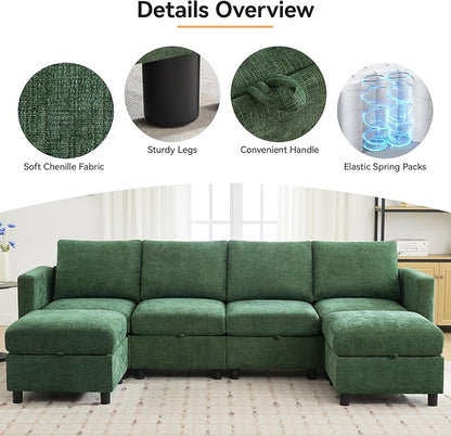 WUTUTUEE 83' Modular Sectional Sofa Convertible L Shaped Couch Set for Living Room, 4 Seat Storage Modular Sofa with Movable Ottoman, Chenille Dark Green