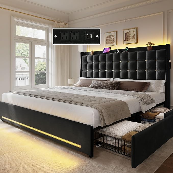 DWVO King Size Bed Frame with 4 Drawers and RGB LED Lights, Velvet Upholstered Platform Bed with Charging Station and Storage Headboard, No Box Spring Needed, Easy Assembly, Noise-Free, Black