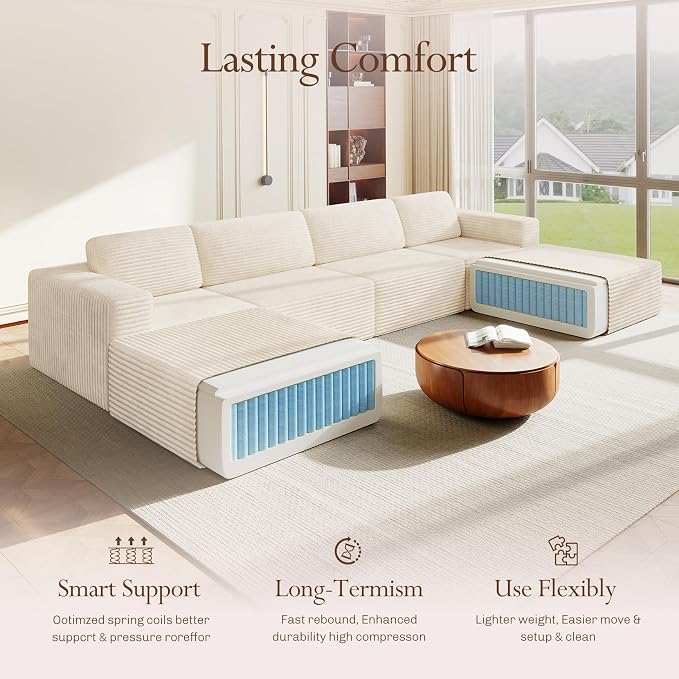 Vesgantti 159" Large Modular Sectional Sofa, U-Shaped Corduroy Cloud Couch with Deep Seats & Spring Support, 4-Seater Boneless Sofa with 2 Movable Ottomans, No Assembly Needed, Beige