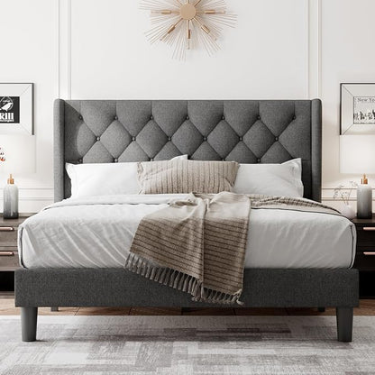 Feonase Queen Size Bed Frame with Diamond Tufted Wingback Headboard, Morden Upholstered Platform Bed, Sturdy Wooden Slats Support, Noise-Free, No Box Spring Needed, Easy Assembly, Dark Gray