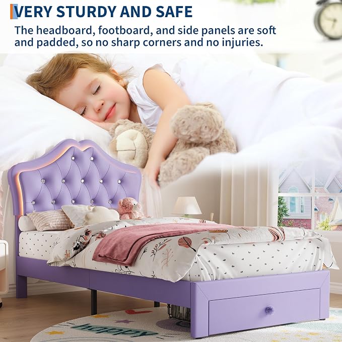 Garvee Full Size Bed Frame with LED Lights & Velvet Crystal Button Headboard, Upholstered Boy Platform Bed with Storage Drawer, Noise Free, No Box Spring Needed for Kids, Teens,