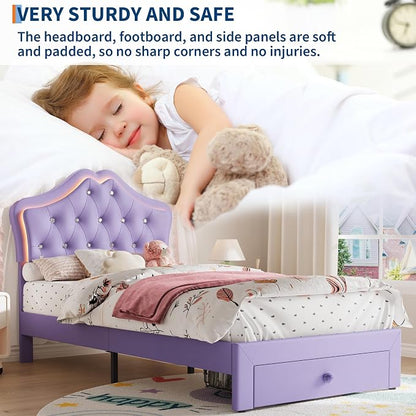 Garvee Full Size Bed Frame with LED Lights & Velvet Crystal Button Headboard, Upholstered Boy Platform Bed with Storage Drawer, Noise Free, No Box Spring Needed for Kids, Teens,