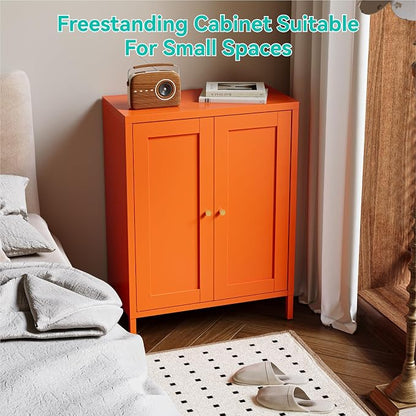 Metal Floor Storage Cabinet, Small Freestanding Sideboard Storage with 2 Adjustable Shelves for Bathroom Entryway Living Room Dining Room Coffee bar,11.8"D x 23.6"W x 31.5"H,3-Tier,Orange