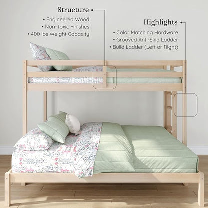 Grain & Grove Bear Twin XL Over Queen Bunk Bed, Sturdy Bunk Bed Frame for Kids, Plywood Bunk with Ladder, Guardrail, and Slats, No Box Spring Required, Oak Embossed Natural