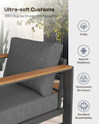 Aluminum Outdoor Patio Furniture Armchair, All-Weather Outdoor Patio Sofa with Washable Thick Cushion, Patio Sofa Couch Set of 2 for Porch, Balcony, Deck, Yard, Graphite