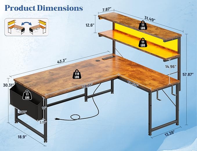 DurayLoly L Shaped Gaming Desk with LED Light & Power Outlet, 43.3 Inch Reversible Computer Desk with Shelf & Storage Bag & Hook for Home Office, Rustic Brown