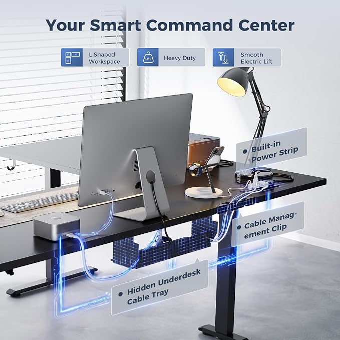 Klicelor L Shaped Standing Desk 63 x 48 Inch,Electric Height Adjustable Corner Desk with Cable Management & Power Outlets, Ergonomic Sit Stand Up Computer Table for Home Office,Black