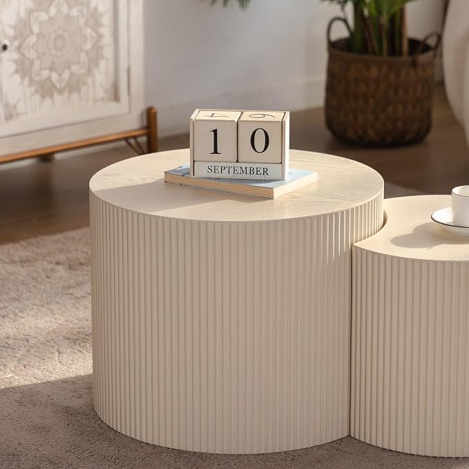 Round Wood Coffee Table Set od 2 for Small Space, Morden End Table, Fluted Side Table, Circle Wooden Center Table for Living Room, Fully Assembled