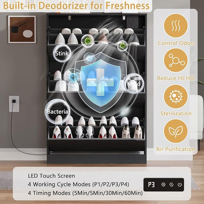 BORNOON Shoe Cabinet with Odor Control and Back Panels, Deodorizing Slim 3-Flip Shoe Storage Cabinet for Entryway, Freestanding Hidden Shoe Rack Organizer for Entrance, Hallway, Bedroom