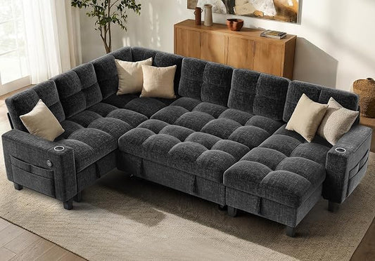 AMADA HOMEFURNISHING 110'' Modular Sectional Sleeper Sofa with Pull Out Couch, U Shaped 7 Seat Sectional Sofa with Storage, USB Ports & Cup Holders, Chenille Cloud Couches for Living Room, Dark Grey