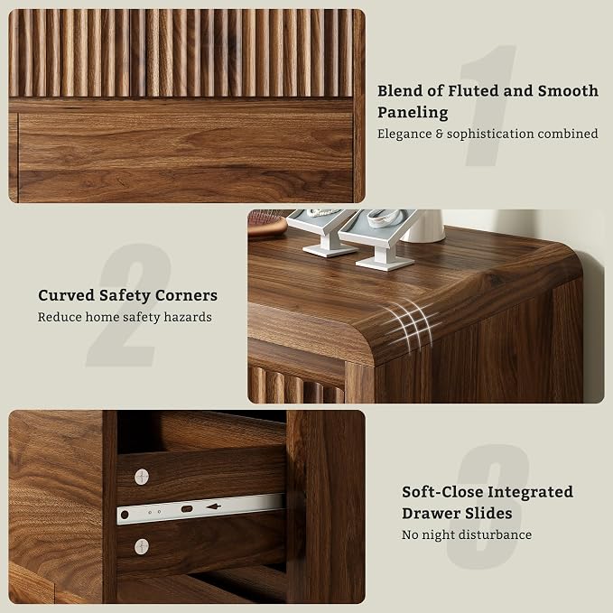 LYNSOM 7 Drawer Dresser for Bedroom, 50" Wide Fluted Dresser with Curved Corners, Wood Dressers & Chests of Drawers with Dual-Panel Design for Bedroom, Entryway, Walnut