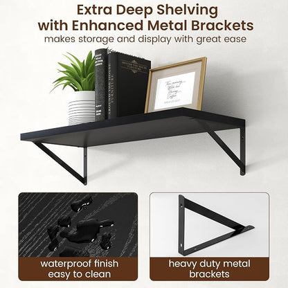 Axeman Deep Floating Shelves - 30 Inch Black Floating Shelves Set of 2-12 Inch Deep Wood Wall Shelves for Living Room Bathroom Kitchen