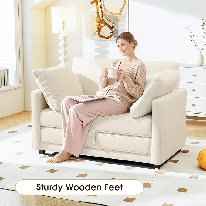 Myroyalsit 51" Convertible Sofa Bed, 2 in1 Folding Sofa Bed, Loveseat Sleeper Sofa for Small Spaces, Fold Out Floor Couch with 2 Pillows for Apartment, Living Room & Guest Room, Beige Chenille Fabric