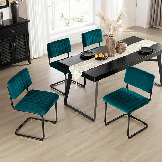 ONEVOG Modern Luxury Velvet Dining Room Chairs Set of 4, Teal Upholstered Kitchen Chairs, Heavy Duty Contemporary Armless Dining Chair with Wide Comfy Seat and Black Metal Legs, Cantilevered Design