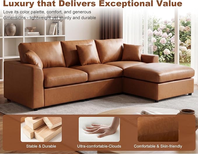 100" Faux Leather Modular Sectional Sofa for Living Room, Oversized 3 Seater L Shaped Cloud Couch with Ottoman, Extra Large Deep Seat, Pet-Friendly, Easy to Clean, Brown