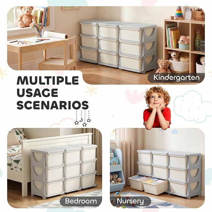 Qaba 3 Tier Kids Storage Unit, Toy Organizers and Storage with 9 Drawer Chest for Kids Bedroom Nursery Kindergarten Living Room for Boys Girls Toddlers, Cream White