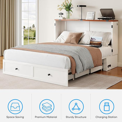 PUREMIND Murphy Bed Full with Mattress Included, Farmhouse Frame Cabinet Beds Chest with Charging Station & Storage Drawers, Convertible Hideaway Cabinet Bed for Guest Room, White