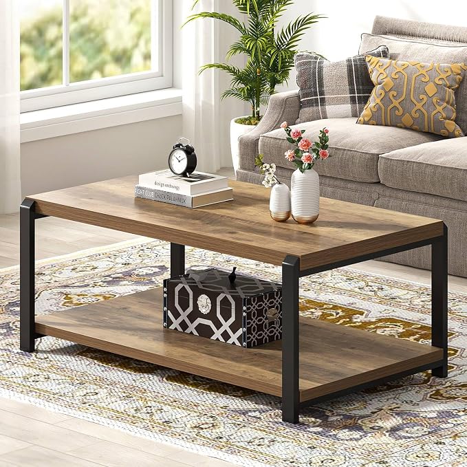 EXCEFUR Modern Coffee Table, Rustic Wood and Metal Center Table for Living Room, Industrial Rectangle Cocktail Tea Table with Storage, Oak