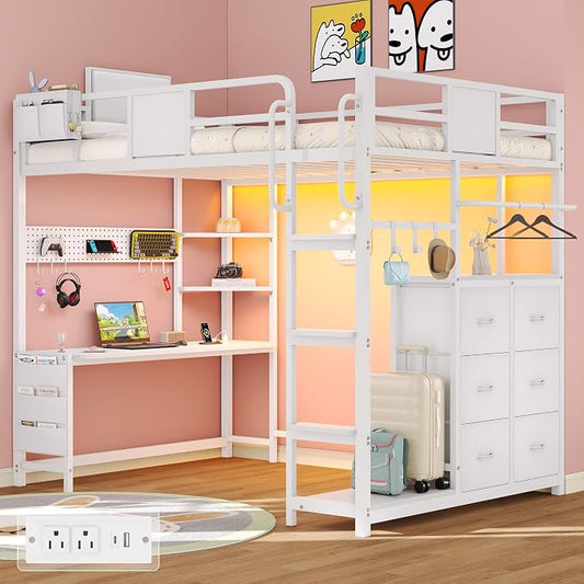 Dnxao Twin Size Loft Bed with Desk, Anti-Wobble Heavy Duty Metal Frame with DIY Pegboard & 6 Storage Drawers, LED Lights, Charging Station with Type-C, Space-Saving Workstation for Kids Teens, White
