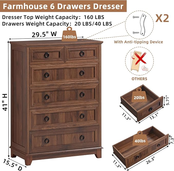 Joaxswe Farmhouse 6 Drawer Dresser for Bedroom Set of 2, 41" Tall Small Dressers & Chest of Drawers, Rustic Wood Dresser with Metal Handle, Storage Organizer Closet for Living Room, Hallway, Entryway