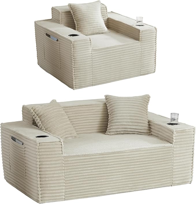 2 Pcs Living Room Cloud Sofa Set,Boneless Sofa Couch with Cup Holder and Side Pocket for Compact Living Rooms, Apartments (Camel, Single Chair and Loveseat)