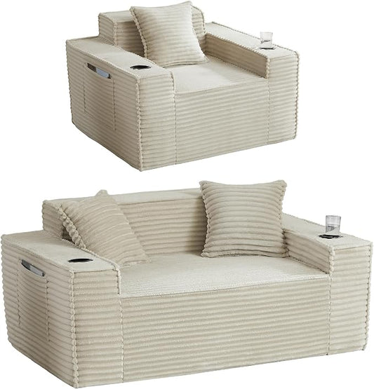 2 Pcs Living Room Cloud Sofa Set,Boneless Sofa Couch with Cup Holder and Side Pocket for Compact Living Rooms, Apartments (Camel, Single Chair and Loveseat)