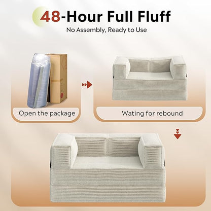 WLIVE 60'' Futon Sofa Bed, Convertible Sleeper Sofa, Folding Pull Out Couch Boneless Mattress with Fixed Frame, Corduroy, Greyish Beige