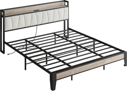 LIKIMIO California King Bed Frames, Bouclé Storage Headboard with Charging Station, Solid and Stable, Noise Free, No Box Spring Needed, Easy Assembly