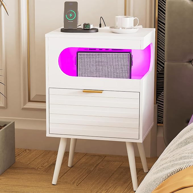 Veegle Nightstand,Modern Bedside Table with Storage Drawer and Open Wood Shelf, Accent Night Stand with Solid Wood Legs for Living Room, Bedroom and Small Spaces,Easy Assembly (White-1)