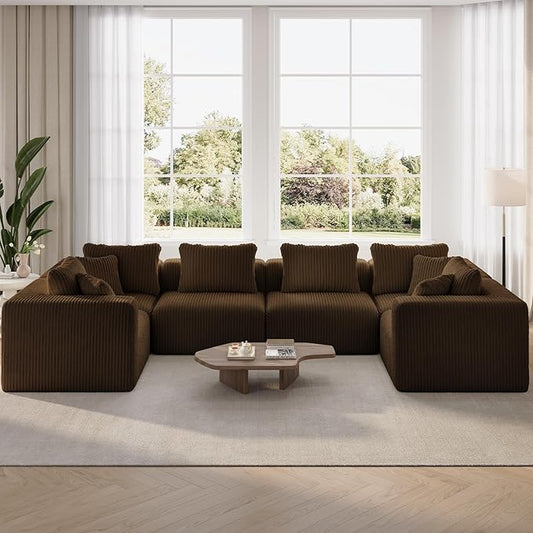 Novilla 141" Modular Sectional Sofa, Modern Cloud Sectional Couch with SmartS Coil® Support, U-Shape Upholstered Boneless Couch for Living Room Apartments Bedroom, No Assembly Required, Brown (6 Seat)