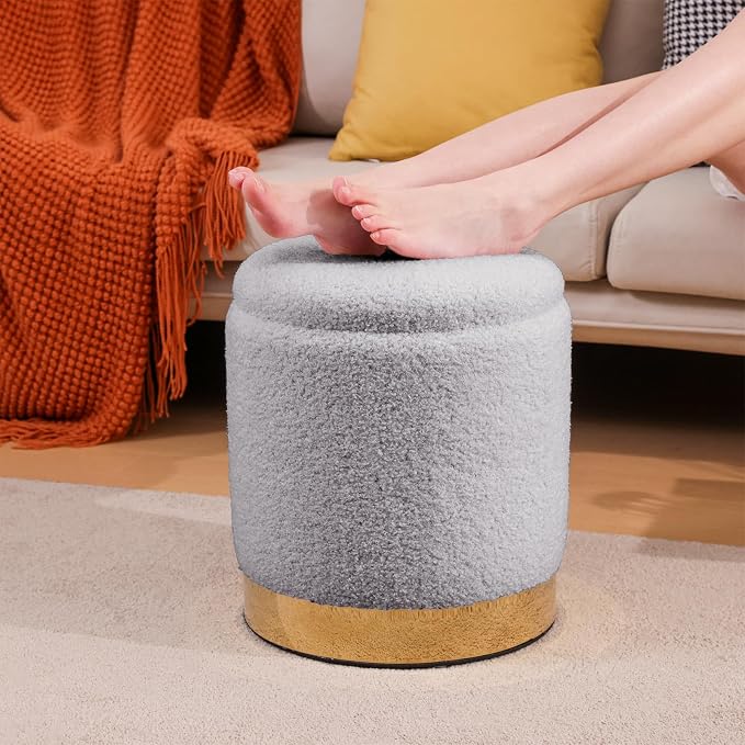Round Ottoman with Storage Set of 2 Vanity Stool, Footstool with Removable Lid Small Ottoman Stool Small for Living Room, Bedroom, Hallway, Dorm, Assembly Free Teddy Fleece (Sherpa Gray)